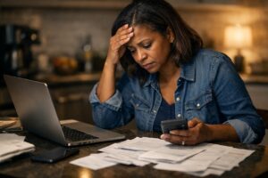 financial stress, worried woman, bills and paperwork, budget planning, debt anxiety, overdue payments, household finances, money worries, personal finance, monthly expenses, cost of living, bill paying, smartphone banking, laptop and documents, late fees, financial hardship, stressed at home, kitchen table, expense tracking, emergency savings, financial crisis, cash flow problem, adult responsibilities, economic pressure, ai generated